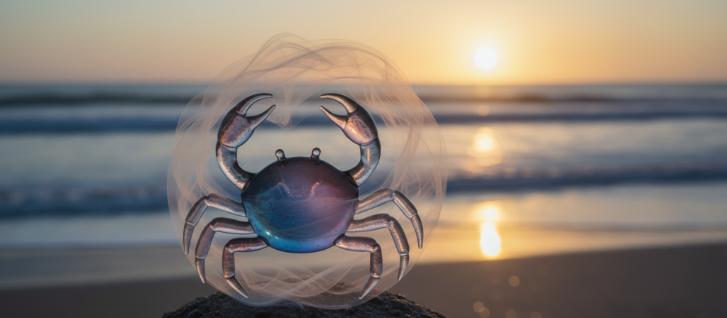 A serene and reflective scene depicting the emotional complexity of the Cancer zodiac sign. In the foreground, an abstract representation of a crab, symbolizing Cancer, made of translucent glass with subtle color gradients indicating deep emotions, like blue and violet. In the middle ground, ethereal tendrils of mist swirl, symbolizing unresolved feelings and resentment, creating a sense of entrapment. The background shows a softly blurred shoreline with gentle waves, bathed in warm sunset light, evoking a bittersweet atmosphere. Use a shallow depth of field to focus on the crab, with soft bokeh effects enhancing the mood. The overall image should feel introspective and contemplative, capturing the essence of holding onto grudges while also hinting at the possibility of release and forgiveness.