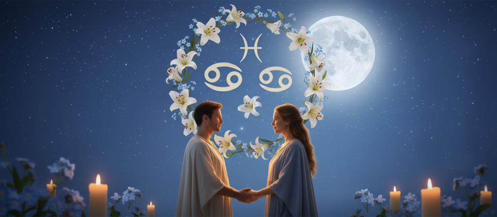 A serene and romantic scene depicting the astrological compatibility of Cancer with other zodiac signs in love and intimacy. In the foreground, create two figures representing Cancer and their compatible partner, dressed in modest, elegant attire, gazing into each other's eyes with soft smiles, conveying deep emotional connection. In the middle, add subtle zodiac symbols entwined with delicate floral motifs, emphasizing their harmonious bond. The background should feature a dreamy night sky sprinkled with stars and a glowing moon, casting a gentle light on the couple, enhancing the atmosphere of romance and intimacy. Use warm lighting to evoke a cozy, inviting mood, and shoot from a slightly elevated angle to capture the depth of their interaction, ensuring the scene feels intimate yet safe for work.