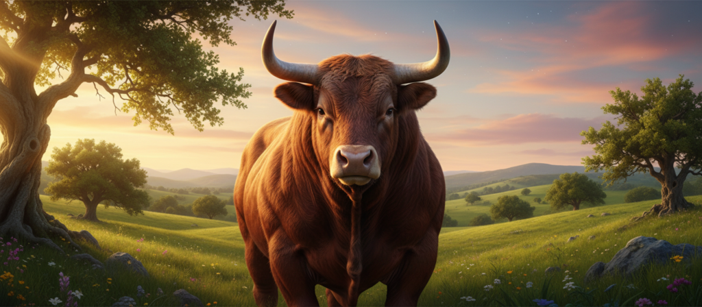 A serene and symbolic representation of the Taurus zodiac sign, showcasing the bull as a powerful and steadfast figure in the foreground. The bull is depicted in a natural setting, symbolizing loyalty and stability, with lush green fields and gentle rolling hills surrounding it. In the background, a clear blue sky transitions into soft twilight hues, conveying a peaceful yet vibrant atmosphere. Warm, golden light filters through, highlighting the bull's robust form. The scene is framed beautifully, presenting a close-up perspective to capture the intricate details of the bull's features and strong stance, embodying Taurus's attributes of fidelity and reliability. The image is infused with a sense of tranquility and strength, creating an inviting mood.