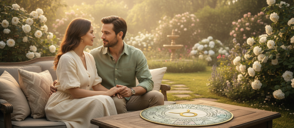A serene and visually appealing scene that represents love advice for Taurus. In the foreground, a couple sharing a quiet, intimate moment, dressed in elegant, modest casual attire, embodying trust and affection. The middle ground features a beautifully designed astrological chart with the Taurus symbol prominently displayed, surrounded by soft pastel colors like green and pink, suggesting warmth and harmony. The background showcases a tranquil garden with blooming flowers and gentle sunlight filtering through the leaves, creating a dreamy atmosphere. Use soft lighting to enhance the romantic mood, and capture the scene from a mid-angle perspective to invite the viewer into this peaceful moment of connection and compatibility, emphasizing the theme of enhancing love tailored for Taurus.
