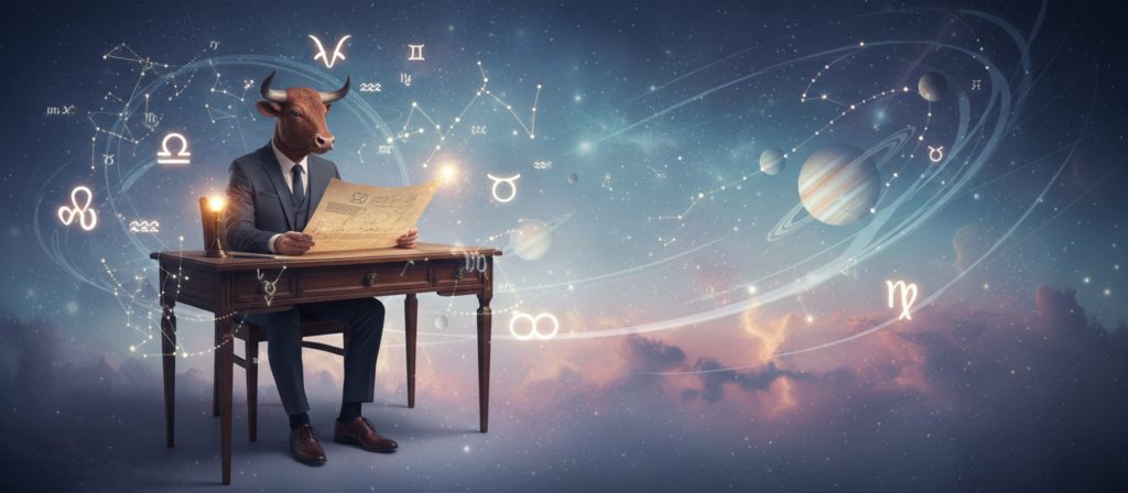 A serene astrological scene depicting Taurus as a symbol of love and loyalty. In the foreground, a Taurus figure, dressed in professional attire, gazes thoughtfully at a star map, surrounded by ethereal constellations and glowing astrological symbols. In the middle ground, a gentle cosmic backdrop features a soft, pastel night sky filled with stars, planets, and swirling celestial patterns. The atmosphere is calm and reflective, emphasizing the gravity of love and fidelity. The lighting is soft and warm, casting a magical glow over the scene, highlighting the Taurus figure's contemplative expression. The lens captures a slightly elevated angle, providing a broad view of the starry landscape, inviting the viewer into this astrological exploration.