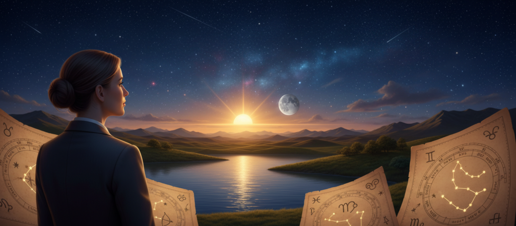 A serene astrological scene depicting the mission of Sagittarius. In the foreground, a meditative figure dressed in professional business attire gazes upward, surrounded by symbols of astrology, like charts and constellations, softly illuminated by warm, golden light. In the middle, a lush landscape features a radiant sun and a glowing moon, representing the Sun and Moon in Sagittarius, casting ethereal reflections. In the background, the expansive night sky filled with numerous stars, creating a cosmic atmosphere, emphasizes the vastness of one's spiritual journey. The overall mood is contemplative and inspiring, highlighting clarity and purpose in life’s mission, captured from a slightly low angle to create a sense of awe and wonder. A serene astrological scene depicting the mission of Sagittarius. In the foreground, a meditative figure dressed in professional business attire gazes upward, surrounded by symbols of astrology, like charts and constellations, softly illuminated by warm, golden light. In the middle, a lush landscape features a radiant sun and a glowing moon, representing the Sun and Moon in Sagittarius, casting ethereal reflections. In the background, the expansive night sky filled with numerous stars, creating a cosmic atmosphere, emphasizes the vastness of one's spiritual journey. The overall mood is contemplative and inspiring, highlighting clarity and purpose in life’s mission, captured from a slightly low angle to create a sense of awe and wonder.