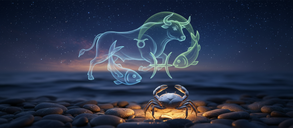 A serene astrological scene depicting the signs of Cancer and its compatible zodiac companions, such as Taurus and Pisces. In the foreground, a Cancer symbol, represented by a delicate crab, is gently illuminated by soft, warm golden light, symbolizing stability and emotional depth. In the middle ground, graceful silhouettes of the Taurus bull and Pisces fish intertwine, their forms swirling like gentle waves, suggesting a harmonious connection. The background features a twilight sky filled with twinkling stars, creating a mystical atmosphere that conveys destiny and connection. The overall mood is tranquil and nurturing, perfect for illustrating the bonds of affinity. Use a wide-angle lens to capture the entire scene with a focus on the vibrant colors and soft textures, emphasizing the comforting theme of the image.