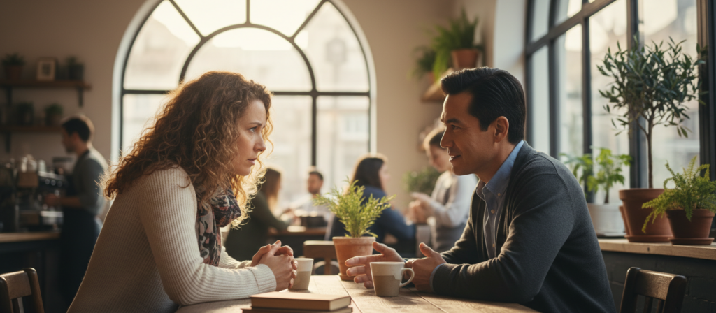 A serene coffee shop setting, featuring a middle-aged couple engaged in a deep conversation, both dressed in smart casual attire. The woman, with curly brown hair, appears thoughtful as she leans slightly forward, emphasizing engagement and trust. The man, with short black hair, listens intently, his body language open and inviting. Soft, warm lighting filters through large windows, casting gentle shadows and creating an intimate atmosphere. In the background, blurred images of a bustling café enhance the sense of a lively yet cozy environment. Subtle plant decorations add a touch of calmness, reinforcing the theme of communication and connection. The scene evokes a mood of earnest discussion and mutual respect, capturing the essence of 'confianza comunicación'. A serene coffee shop setting, featuring a middle-aged couple engaged in a deep conversation, both dressed in smart casual attire. The woman, with curly brown hair, appears thoughtful as she leans slightly forward, emphasizing engagement and trust. The man, with short black hair, listens intently, his body language open and inviting. Soft, warm lighting filters through large windows, casting gentle shadows and creating an intimate atmosphere. In the background, blurred images of a bustling café enhance the sense of a lively yet cozy environment. Subtle plant decorations add a touch of calmness, reinforcing the theme of communication and connection. The scene evokes a mood of earnest discussion and mutual respect, capturing the essence of 'confianza comunicación'.