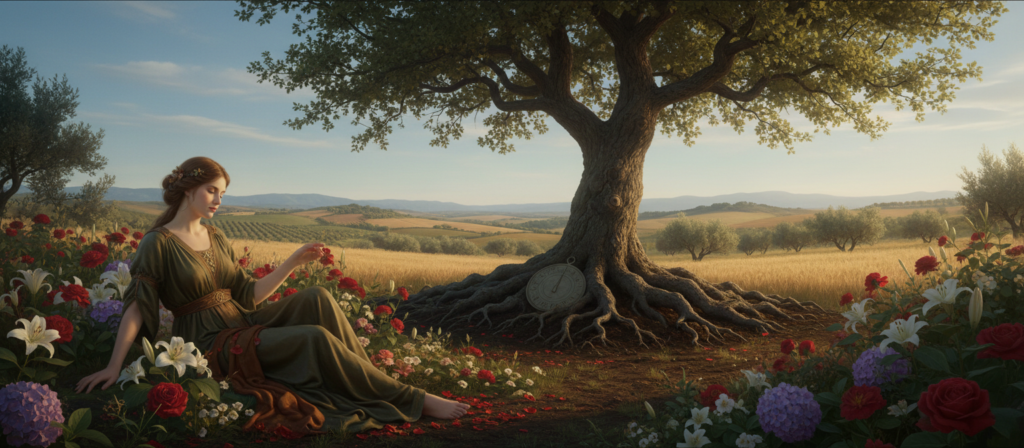 A serene depiction of Taurus characteristics, emphasizing sensuality, stability, and tradition. In the foreground, showcase a graceful, ethereal figure embodying Taurus, adorned in earth-toned clothing, surrounded by lush greenery and blooming flowers, symbolizing the element of Earth. In the middle ground, feature a sturdy oak tree, representing strength and stability, with roots firmly planted in rich soil. In the background, a peaceful landscape unfolds, with rolling hills and a clear blue sky, evoking a sense of tranquility. The lighting is warm and golden, suggesting a late afternoon sun, enhancing the inviting atmosphere. Capture this scene from a slightly elevated angle, offering a panoramic view that conveys harmony and connection to nature. Emphasize the mood of groundedness and nurturing energy.