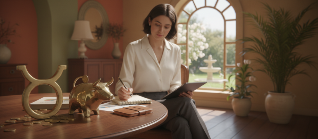 A serene depiction of an astrological representation for Taurus, focusing on balanced saving and spending. In the foreground, an elegant Taurus symbol intertwined with golden coins and a stylish piggy bank, symbolizing savings, meticulously arranged on a wooden table. In the middle ground, a confident individual dressed in professional business attire, calmly reviewing financial documents and a budget planner, embodying prudence. The background features a cozy, softly lit room with calming earth tones, lush green plants, and a large window showcasing a peaceful garden. Soft natural light casts gentle shadows, creating a warm and inviting atmosphere. The overall mood conveys tranquility, stability, and thoughtful financial management.