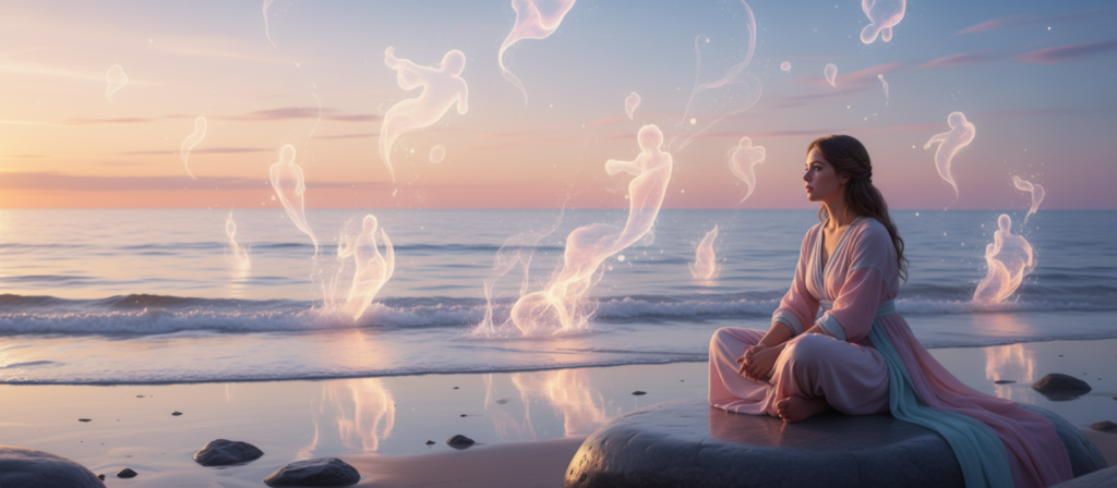 A serene, dreamy landscape depicting the essence of emotions associated with the Cancer zodiac sign. In the foreground, a gentle figure sits cross-legged on a smooth stone, appearing contemplative, dressed in soft, flowing pastel clothing that enhances their sensitivity. In the middle ground, delicate waves of a tranquil sea reflect soft pink and purple hues, symbolizing intuition and emotional depth. Emerging from the water are ethereal, translucent ethereal forms representing feelings and sentiments, softly glowing in the ambient light. The background features a soothing sunset blending soft oranges and blues, creating a calm atmosphere. The overall mood is introspective and peaceful, illuminated by warm, soft lighting reminiscent of dusk, captured with a wide-angle lens to emphasize the expanse and depth of emotions.