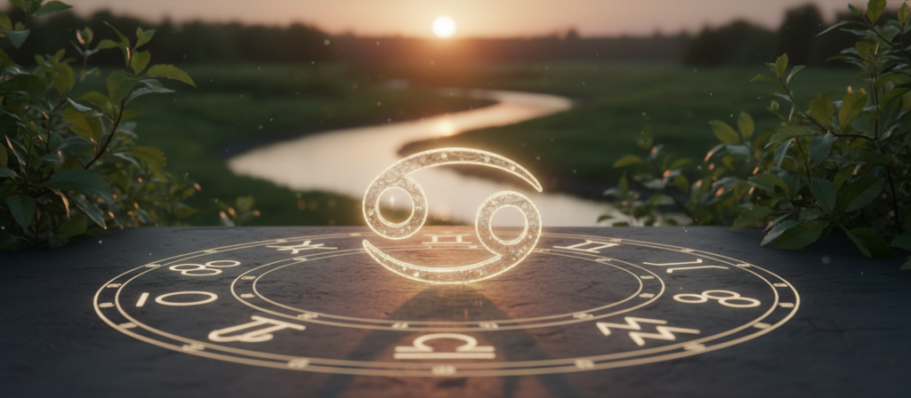 A serene, dreamy scene capturing the essence of love and jealousy. In the foreground, a stylized Zodiac symbol for Cancer, intricately designed with soft curves and delicate details, glows with a warm light. Surrounding it are the symbols of other less jealous signs, like Libra and Aquarius, depicted in a harmonious arrangement. In the middle, a peaceful outdoor setting with a gently flowing river and lush greenery, symbolizing tranquility. The background features a sunset, casting a golden hue over the scene, infusing it with warmth and nostalgia. Soft, ethereal lighting enhances the emotional atmosphere. The composition is balanced, with a slight depth of field from a low angle to give perspective and intimacy. The overall mood is reflective and contemplative, evoking thoughts on love and relationships.