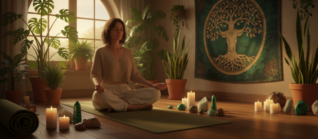 A serene indoor meditation space designed for personal growth and reflection, specifically tailored for the Taurus sign. In the foreground, a comfortable yoga mat is laid out with candles and crystals surrounding it, symbolizing stability and peace. The middle layer features a tranquil figure, dressed modestly in casual attire, engaging in mindfulness exercises, embodying the essence of inner growth and self-discovery. Soft golden light streams in from a large window, illuminating lush green plants and a peaceful tapestry on the wall that represents the earth element. The overall atmosphere should evoke calmness, introspection, and a sense of purpose, inviting viewers to explore their own spiritual journey. Focus should be on warm color tones, emphasizing a cozy and inviting ambiance.