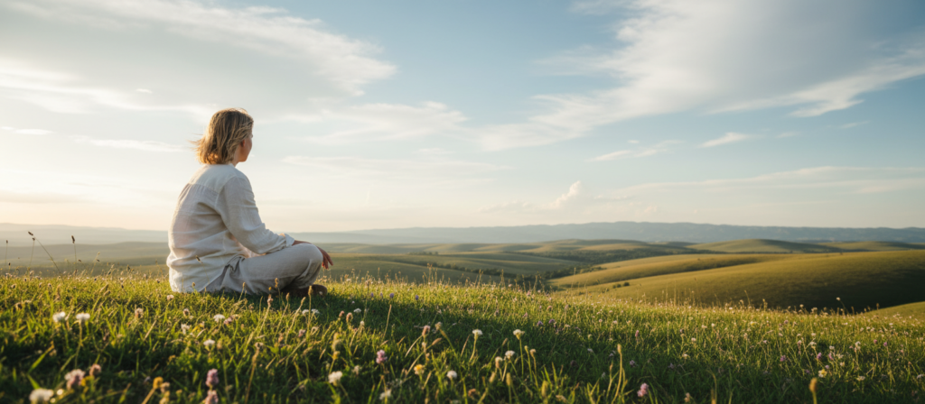 A serene, introspective scene capturing the essence of "aire", depicting a lone figure seated on a grassy hill, surrounded by wispy clouds and gentle breezes. The foreground features soft, rolling green grass, with delicate wildflowers that sway slightly in the wind. The figure, dressed in light, comfortable clothing, gazes thoughtfully into the distance, absorbing the tranquility around them. In the middle ground, a clear blue sky stretches, dappled with soft, white clouds that enhance the feeling of openness and freedom. The background reveals expansive hills, blending into a horizon that suggests endless possibilities. The lighting is soft and warm, suggesting a late afternoon sun, creating a peaceful and reflective atmosphere that embodies the essence of solitude and the need for personal space.