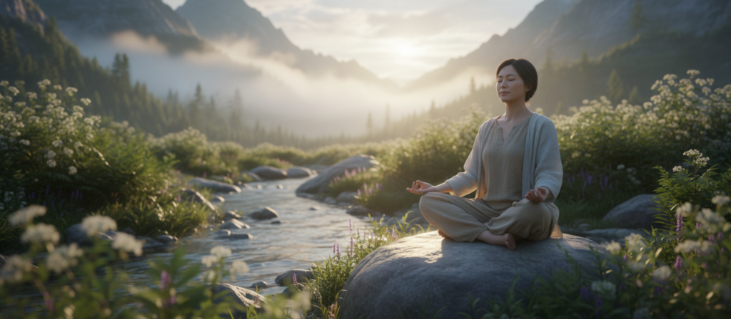 A serene landscape at dawn, emphasizing tranquility and spiritual wellness. In the foreground, a peaceful figure in modest, comfortable clothing sits cross-legged on a smooth rock, meditating. The figure is Asian descent, with a gentle, serene expression, embodying a sense of calm and inner peace. In the middle ground, a clear, flowing stream reflects the soft, golden sunlight, surrounded by lush green trees and blooming flowers. The background features a misty mountain range, shrouded in soft clouds, enhancing the ethereal atmosphere. The light is warm and inviting, casting gentle shadows that create depth. Capture the essence of harmony and well-being within this tranquil setting. Aim for a soft, focused lens effect to evoke a feeling of serenity and mindfulness.