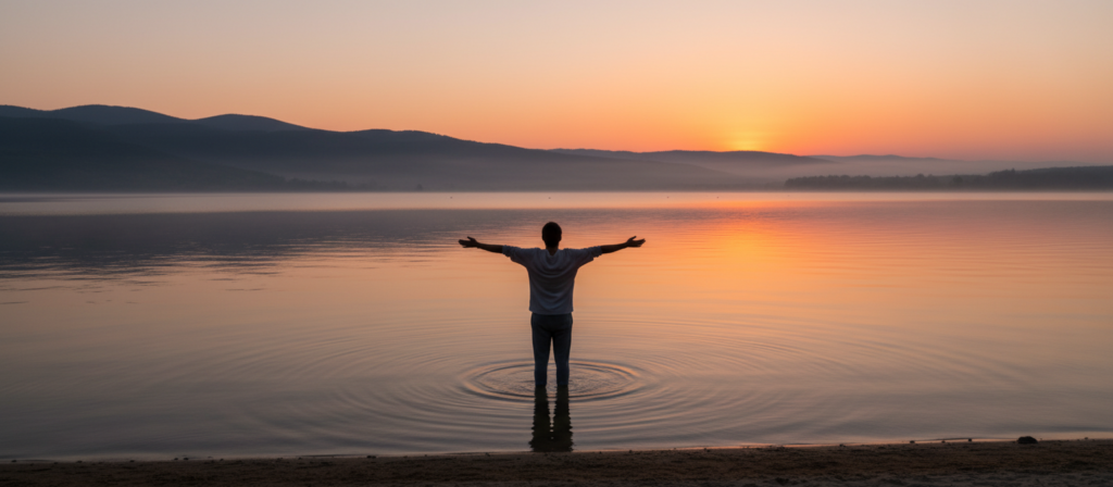 A serene landscape depicting a sunrise over a tranquil lake, symbolizing letting go of the past. In the foreground, a person dressed in modest casual clothing stands with arms outstretched, facing the water, embodying a sense of freedom and release. Their silhouette reflects in the calm surface, capturing the essence of emotional liberation. In the middle ground, gentle waves ripple towards the shore, hinting at movement and change. In the background, misty mountains rise against a vibrant sky painted with warm hues of orange and pink, suggesting new beginnings. Soft, diffused lighting creates a peaceful atmosphere, inviting introspection and the promise of healing. The overall mood is one of hope and renewal, evoking the idea of embracing the future while acknowledging one’s feelings.