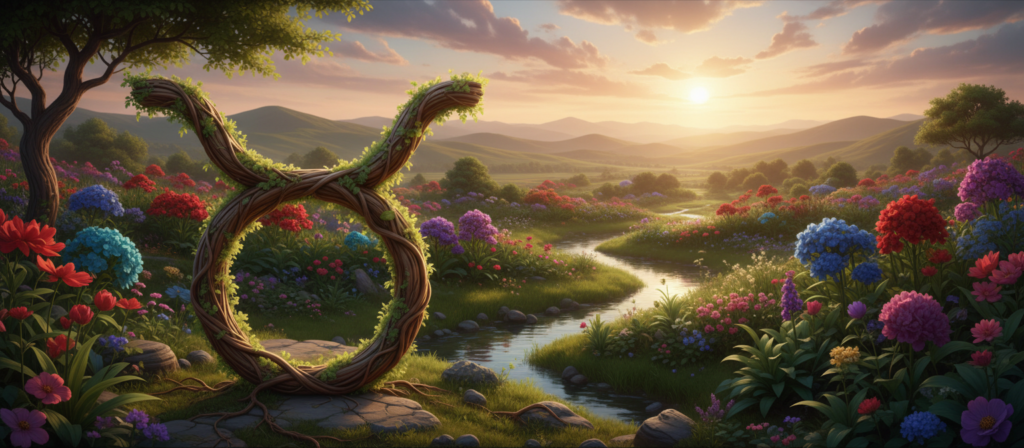 A serene landscape illustrating the themes of transformation and renewal, featuring the astrological symbol of Taurus in a prominent position in the foreground. The Taurus symbol is depicted with earthy tones, glowing softly, representing stability and growth. In the middle ground, a lush garden is filled with blooming flowers and vibrant greenery, symbolizing new beginnings and balance. In the background, a horizon of rolling hills bathed in the warm glow of a sunset, casting soft shadows and creating a reflective atmosphere. The scene is enhanced by gentle, diffused lighting, evoking a sense of calm and introspection. The overall mood is one of hope and equilibrium, perfect for illustrating themes of self-reflection and overcoming obstacles.