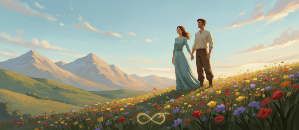 A serene landscape symbolizing "amor libertad" features a couple standing on a blossoming hillside, holding hands while gazing into the distance. The man and woman are dressed in elegant yet modest clothing, exuding a sense of connection and freedom. In the foreground, vibrant wildflowers in varied colors flutter in the gentle breeze, symbolizing passion and diversity in love. The middle ground showcases soft rolling hills under a bright blue sky with wispy clouds, providing a sense of openness and adventure. The background highlights distant mountains kissed by the golden hues of sunset, adding depth and warmth to the scene. The lighting is golden hour, casting a soft, ethereal glow, creating a calming yet uplifting mood that resonates with the theme of karmic lessons in relationships.