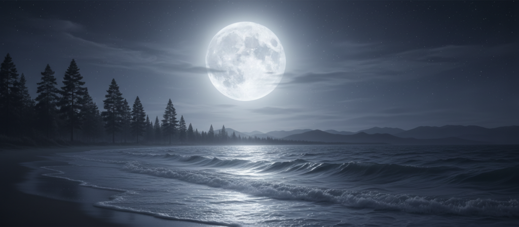 A serene night sky dominated by a large, luminous full moon, casting gentle silver light across a tranquil landscape. In the foreground, soft waves lap against a quiet shore, reflecting the moon’s glow, while delicate, wispy clouds drift serenely. The middle ground features softly swaying silhouettes of pine trees under the moonlight, enhancing the sense of calm and introspection. In the background, distant mountains rise softly against a starry sky, adding depth and mystique to the scene. The atmosphere is peaceful and contemplative, invoking emotions of inner reflection and connection, capturing the essence of the moon's influence on emotions and energy cycles. Use soft, ethereal lighting to create a dreamlike quality, with a wide-angle view to encompass the expansive night sky.