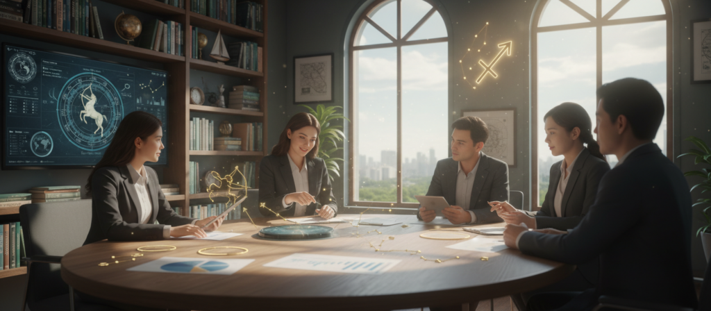 A serene office setting depicting a Sagittarius-themed financial consultation. In the foreground, a diverse group of professionals dressed in business attire, engaged in a discussion around a table filled with charts, graphs, and astrological symbols relating to finance. In the middle ground, large windows allow soft, natural light to fill the room, creating a warm atmosphere. The background features shelves lined with books on finance and astrology, with tasteful decorations symbolizing optimism and adventure. The overall mood is focused yet nurturing, showcasing the unique blend of practicality and spontaneity in Sagittarius’ approach to managing money. Use a soft focus lens effect to enhance the inviting feel of the scene.