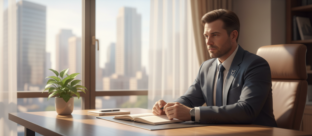A serene office setting depicting the concept of silence in conflict resolution, focusing on a Taurus individual. In the foreground, a thoughtfully composed figure dressed in professional business attire sits at a sleek, modern desk, with a contemplative expression, hands clasped in thought. The middle ground features a large window with soft, natural light filtering through sheer curtains, casting gentle shadows. A small plant and a notebook rest on the desk, symbolizing reflection and growth. In the background, a blurred cityscape creates an atmosphere of busyness contrasting with the calmness of the subject. The overall mood is introspective and peaceful, highlighting the power of silence in navigating conflicts. Use a warm color palette with soft lighting to enhance the thoughtfulness of the scene. A serene office setting depicting the concept of silence in conflict resolution, focusing on a Taurus individual. In the foreground, a thoughtfully composed figure dressed in professional business attire sits at a sleek, modern desk, with a contemplative expression, hands clasped in thought. The middle ground features a large window with soft, natural light filtering through sheer curtains, casting gentle shadows. A small plant and a notebook rest on the desk, symbolizing reflection and growth. In the background, a blurred cityscape creates an atmosphere of busyness contrasting with the calmness of the subject. The overall mood is introspective and peaceful, highlighting the power of silence in navigating conflicts. Use a warm color palette with soft lighting to enhance the thoughtfulness of the scene.