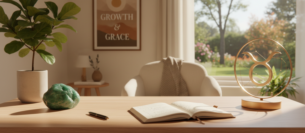 A serene personal growth scene centered around the Taurus zodiac symbol, featuring a beautifully designed workspace. In the foreground, a wooden desk holds a variety of personal development tools: an open journal with written affirmations, a crystal for grounding energy, and a potted plant symbolizing growth. The middle ground includes a comfortable chair, a motivational poster on the wall, and soft lighting from a window illuminating the space. In the background, a peaceful outdoor view with gentle greenery reflects tranquility. The mood is calm and inspiring, perfect for self-reflection and transformation. Utilize warm, natural light with a focus on a slightly blurred background to emphasize the tools. The overall atmosphere is nurturing and empowering, inviting individuals to embark on their personal growth journey.