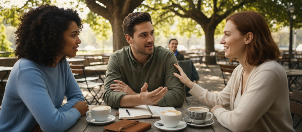 A serene scene depicting the essence of friendship, focusing on a cozy gathering of three diverse friends at a sunlit outdoor café. In the foreground, capture a table with coffee cups and an open notebook, symbolizing deep conversations and support. In the middle ground, the friends are engaged in heartfelt discussion, showcasing expressions of loyalty and understanding. One friend, a woman in a soft blue sweater, listens attentively as a man in a smart casual shirt shares a thoughtful insight. In the background, lush green trees filter warm sunlight, creating a peaceful atmosphere. The overall lighting is soft and inviting, casting delicate shadows that enhance the mood of camaraderie and emotional connection. The composition should embody genuine friendship, trust, and meaningful dialogue, with a focus on warmth and positivity. A serene scene depicting the essence of friendship, focusing on a cozy gathering of three diverse friends at a sunlit outdoor café. In the foreground, capture a table with coffee cups and an open notebook, symbolizing deep conversations and support. In the middle ground, the friends are engaged in heartfelt discussion, showcasing expressions of loyalty and understanding. One friend, a woman in a soft blue sweater, listens attentively as a man in a smart casual shirt shares a thoughtful insight. In the background, lush green trees filter warm sunlight, creating a peaceful atmosphere. The overall lighting is soft and inviting, casting delicate shadows that enhance the mood of camaraderie and emotional connection. The composition should embody genuine friendship, trust, and meaningful dialogue, with a focus on warmth and positivity.