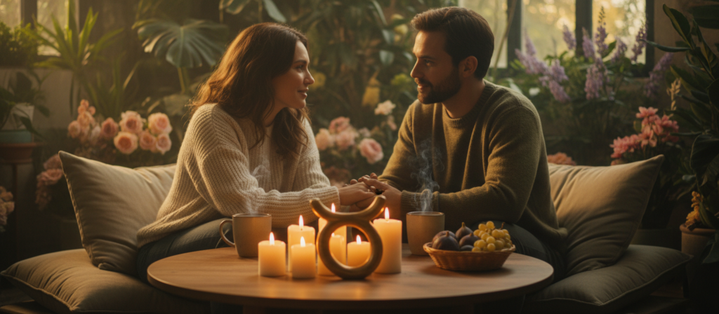 A serene scene depicting the qualities of love associated with Taurus, featuring a cozy, intimate setting. In the foreground, a beautifully arranged table with a Taurus symbol, surrounded by soft candles casting a warm glow. In the middle, two people in modest casual clothing are engaged in a heartfelt conversation, exuding warmth and stability, epitomizing the loyalty and grounded nature of Taurus in relationships. The background features lush greenery and soft pastel colors, creating a tranquil, romantic atmosphere. The lighting is soft, reminiscent of golden hour, enhancing the emotional depth of the scene. The angle captures the connection between the two figures, emphasizing tenderness and understanding in love, embodying the essence of Taurus in romantic relationships.