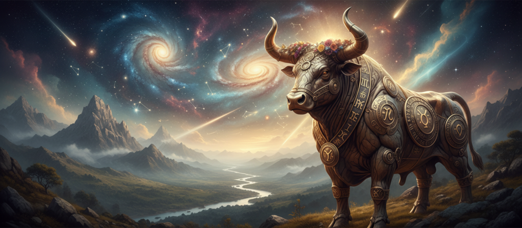 A serene scene depicting the spiritual evolution of Taurus through the concept of past lives and karma. In the foreground, a majestic Taurus zodiac symbol stands strong and grounded, adorned with shimmering astrological glyphs. In the middle layer, a cosmic backdrop reveals celestial bodies, swirling galaxies, and ethereal light representing the journey of past lives. Soft rays of light filter through, creating an uplifting atmosphere. The background features an ancient landscape with mountains and a winding river, symbolizing the flow of time and experiences. The overall mood is introspective and mystical, inviting contemplation of spiritual growth. The image should be illuminated with soft, warm lighting to enhance its serene quality, framed with a slight angle that draws the viewer into the cosmic narrative.