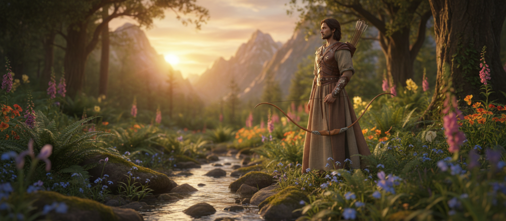 A serene scene of a Sagittarius zodiac sign, represented by a centaur archer, standing confidently in a lush, vibrant forest. The centaur, dressed in casual yet elegant attire, is depicted in a moment of reflection, gazing thoughtfully at a beautiful sunset. In the foreground, a gentle stream flows, symbolizing the passage of emotions. The middle ground features soft foliage and blooming flowers, evoking a sense of peace and healing. The background reveals majestic mountains softly illuminated by the warm glow of the setting sun. The atmosphere is tranquil and uplifting, capturing the essence of overcoming jealousy through self-awareness and composure. The lighting is warm and golden, casting a soothing ambiance across the scene, with a shallow depth of field focused on the centaur, creating an intimate and contemplative mood.