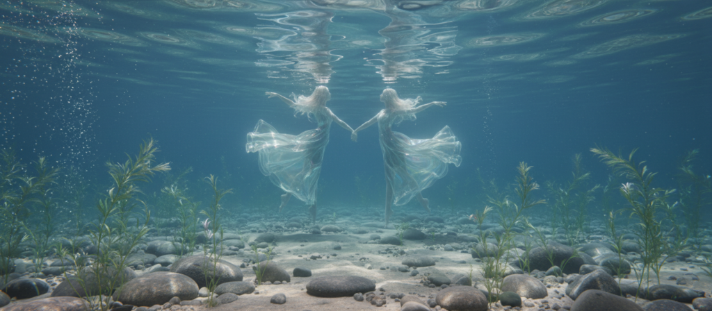 A serene underwater scene representing the element of water, featuring soft waves gently enveloping smooth stones on the sandy sea floor. The foreground should showcase delicate aquatic plants swaying in the current, illuminated by dappled sunlight filtering through the water's surface. In the middle ground, a pair of ethereal, translucent figures—dressed in elegant, flowing garments—engage in a harmonious dance, symbolizing the connection between the zodiac sign Cancer and the water element. The background fades into a tranquil blue gradient, suggesting depth and calmness. The mood is peaceful and reflective, evoking a sense of unity and emotional depth. Use a wide-angle lens to capture the expansive underwater landscape, enhancing the feeling of immersion in this aquatic world. A serene underwater scene representing the element of water, featuring soft waves gently enveloping smooth stones on the sandy sea floor. The foreground should showcase delicate aquatic plants swaying in the current, illuminated by dappled sunlight filtering through the water's surface. In the middle ground, a pair of ethereal, translucent figures—dressed in elegant, flowing garments—engage in a harmonious dance, symbolizing the connection between the zodiac sign Cancer and the water element. The background fades into a tranquil blue gradient, suggesting depth and calmness. The mood is peaceful and reflective, evoking a sense of unity and emotional depth. Use a wide-angle lens to capture the expansive underwater landscape, enhancing the feeling of immersion in this aquatic world.