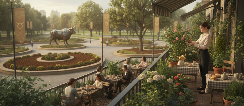 A serene urban setting depicting the manifestation of Taurus energy in everyday life. In the foreground, a young woman in professional attire is tending to a vibrant garden on her balcony, surrounded by lush greenery and blooming flowers, symbolizing abundance and groundedness. In the middle, a cozy café scene showcases individuals engaging in meaningful conversations, with a strong emphasis on connection and community. The background features a tranquil park with Taurus-themed symbols subtly integrated into the landscape, such as a bull sculpture and earth-toned decorations. Soft, warm lighting creates an inviting atmosphere, evoking feelings of stability and harmony, captured from a slightly elevated angle to encompass the entire scene in soft focus.