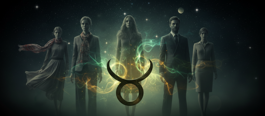 A serene yet powerful representation of zodiac energies shared in toxic relationships, focusing specifically on Taurus. In the foreground, a stylized Taurus symbol intertwines with ethereal figures representing different zodiac signs, depicted in nuanced, professional attire. The middle ground showcases abstract energy waves, symbolizing compatibility and tension, with swirling colors of green and earthy tones evoking Taurus traits. In the background, a starry night sky sets an astrological theme, with celestial bodies softly illuminated to create a tranquil yet intense atmosphere. The lighting is moody and atmospheric, suggestive of introspection, with a soft vignette effect to draw the viewer’s eye inward, encapsulating the theme of navigating toxic dynamics. The composition emphasizes harmony and the hidden challenges within relationships.