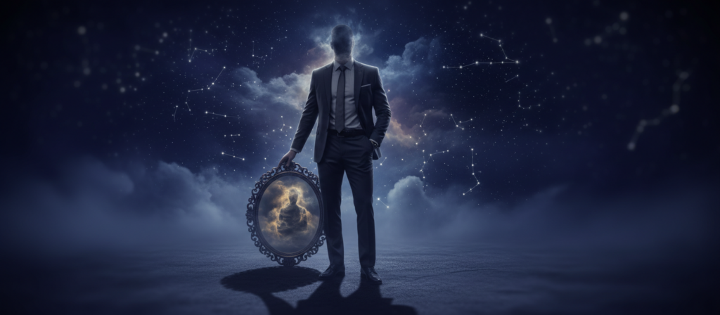 A shadowy figure representing the "dark side" of Gemini, partially obscured by ethereal clouds and iridescent stars in the background. The figure, dressed in professional business attire, has an ambiguous expression that conveys complexity and depth, embodying both intrigue and contemplation. In the foreground, a mirror reflects another aspect of this character, symbolizing duality without portraying a literal double face. The lighting is moody, with a gradient of deep blues and purples, casting dynamic shadows and enhancing the mysterious atmosphere. The scene is framed with a soft focus, drawing attention to the figure while maintaining an overall ethereal quality. The angle is slightly below eye level, giving the character an imposing yet thoughtful presence.