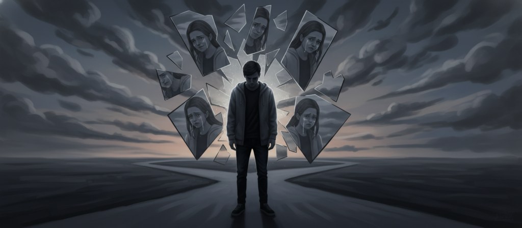 A somber and introspective scene that embodies the hidden fear of Gemini. In the foreground, a figure representing Gemini stands at a crossroads, cloaked in shadow, with a contemplative expression. The person is dressed in modest casual attire, symbolizing both duality and introspection. In the middle ground, a fractured mirror reflects distorted images of the figure, suggesting inner turmoil and conflict. The background features a twilight sky, filled with swirling clouds, creating an atmosphere of uncertainty and unease. Soft, diffused lighting casts eerie shadows, enhancing the dramatic tension. The image captures the essence of fear, doubt, and self-discovery, evoking a sense of mystery and emotional depth.