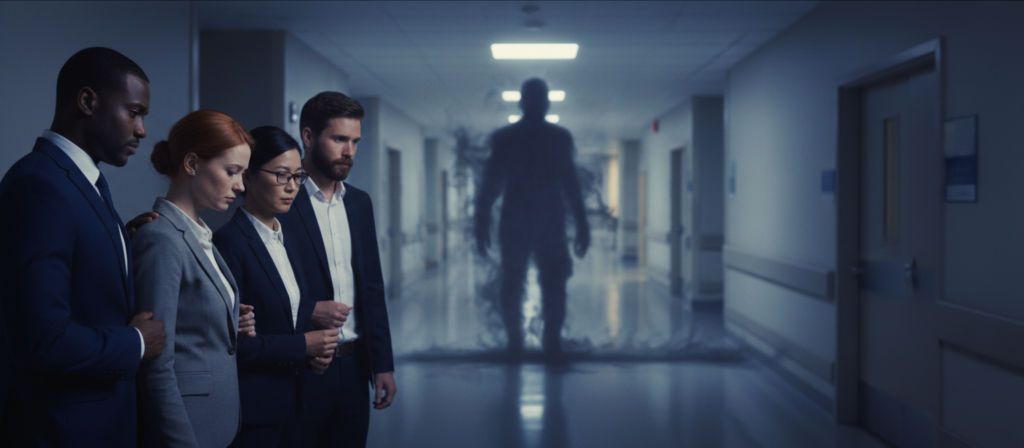 A somber and thought-provoking illustration depicting the concealed fear of cancer. In the foreground, a diverse group of individuals in professional attire, expressions reflecting a mix of concern and contemplation as they stand together, symbolizing unity in struggle. In the middle ground, a shadowy figure representing cancer, its outline vague and ominous, enveloped in dark, swirling mists to convey the hidden and pervasive nature of the disease. The background is a dimly lit hospital corridor, with soft, cold lighting casting long shadows, enhancing the feeling of uncertainty and vulnerability. The overall mood is serious and reflective, capturing the essence of hidden fears and shared experiences surrounding cancer. The composition is framed with a cinematic lens effect, drawing the viewer's focus towards the central figures and the looming shadow, evoking empathy and contemplation. A somber and thought-provoking illustration depicting the concealed fear of cancer. In the foreground, a diverse group of individuals in professional attire, expressions reflecting a mix of concern and contemplation as they stand together, symbolizing unity in struggle. In the middle ground, a shadowy figure representing cancer, its outline vague and ominous, enveloped in dark, swirling mists to convey the hidden and pervasive nature of the disease. The background is a dimly lit hospital corridor, with soft, cold lighting casting long shadows, enhancing the feeling of uncertainty and vulnerability. The overall mood is serious and reflective, capturing the essence of hidden fears and shared experiences surrounding cancer. The composition is framed with a cinematic lens effect, drawing the viewer's focus towards the central figures and the looming shadow, evoking empathy and contemplation.