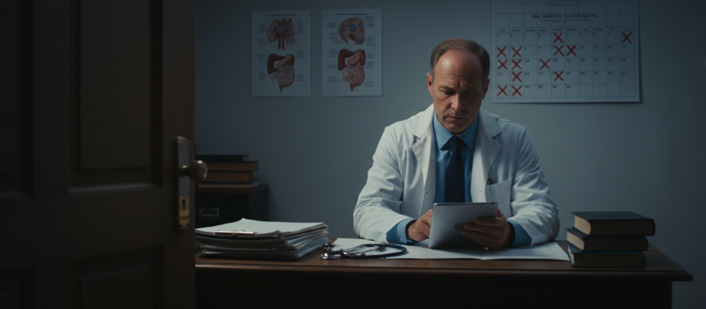 A somber, dimly lit consultation room featuring a slightly open door to symbolize opportunity and hope, capturing the essence of the diagnostic process. In the foreground, a neatly organized desk holds medical charts and a stethoscope, suggesting a drop in patient consultations. A middle-aged doctor, dressed in professional attire, with a serious expression, examines a diagnostic report, symbolizing concern over declining cancer diagnoses. Behind him, a wall displays anatomical diagrams and a calendar with crossed-out dates, indicating missed appointments. The lighting should cast soft shadows to create a thoughtful atmosphere, while a subtle focus on the doctor conveys urgency without overwhelming the viewer. The overall mood is tense yet hopeful, reflecting the gravity of missed opportunities in healthcare.
