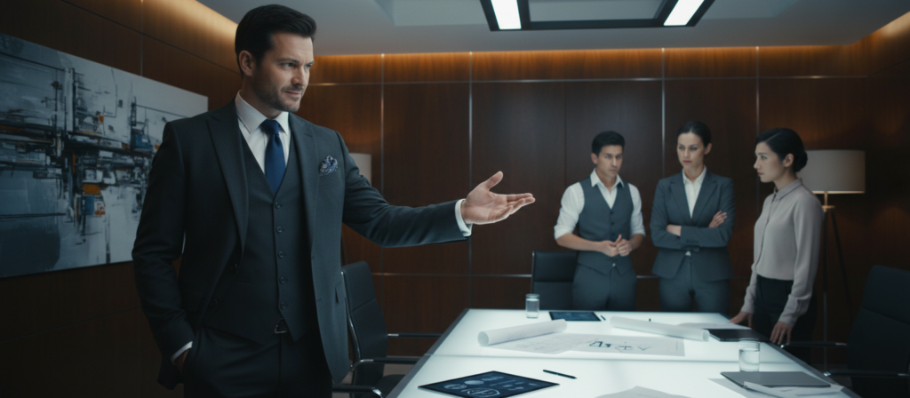 A sophisticated, modern office environment serves as the backdrop, with elegant decor and soft, ambient lighting that casts gentle shadows. In the foreground, a well-dressed man in a tailored suit confidently gestures, illustrating a sense of control and influence. His expression conveys a mix of determination and cunning. Nearby, a diverse group of people, dressed in professional attire, appear engaged in conversation, subtly reflecting the dynamics of influence versus manipulation. The middle ground features an illuminated conference table strewn with documents and a digital tablet, symbolizing strategy and decision-making. The composition focuses on the tension and complexity of social interactions, encapsulating a mood of intrigue and power. The camera angle is slightly low to emphasize the subject's authority, with a shallow depth of field that blurs the background, emphasizing the man's role in navigating the situation. A sophisticated, modern office environment serves as the backdrop, with elegant decor and soft, ambient lighting that casts gentle shadows. In the foreground, a well-dressed man in a tailored suit confidently gestures, illustrating a sense of control and influence. His expression conveys a mix of determination and cunning. Nearby, a diverse group of people, dressed in professional attire, appear engaged in conversation, subtly reflecting the dynamics of influence versus manipulation. The middle ground features an illuminated conference table strewn with documents and a digital tablet, symbolizing strategy and decision-making. The composition focuses on the tension and complexity of social interactions, encapsulating a mood of intrigue and power. The camera angle is slightly low to emphasize the subject's authority, with a shallow depth of field that blurs the background, emphasizing the man's role in navigating the situation.