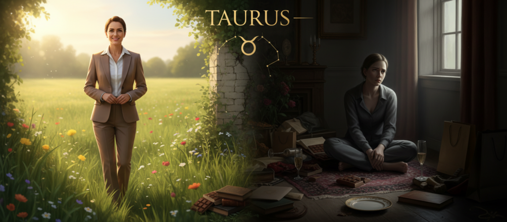 A split image showcasing the positive and negative traits of the Taurus zodiac sign. In the foreground, on the left side, illustrate positive traits such as determination and reliability, depicted through a serene figure confidently walking through a lush green field, dressed in professional business attire, radiating warmth and trustworthiness. On the right side, depict negative traits like stubbornness and indulgence, showcasing a figure sitting in a dimly lit room, looking pensive, surrounded by overindulgent items, reflecting a sense of introspection. The middle ground features a harmonious blend of nature and clutter, symbolizing balance. Use soft, natural lighting for the positive side and darker shadows for the negative. The overall atmosphere should contrast hopefulness with introspection, capturing the duality of Taurus traits.