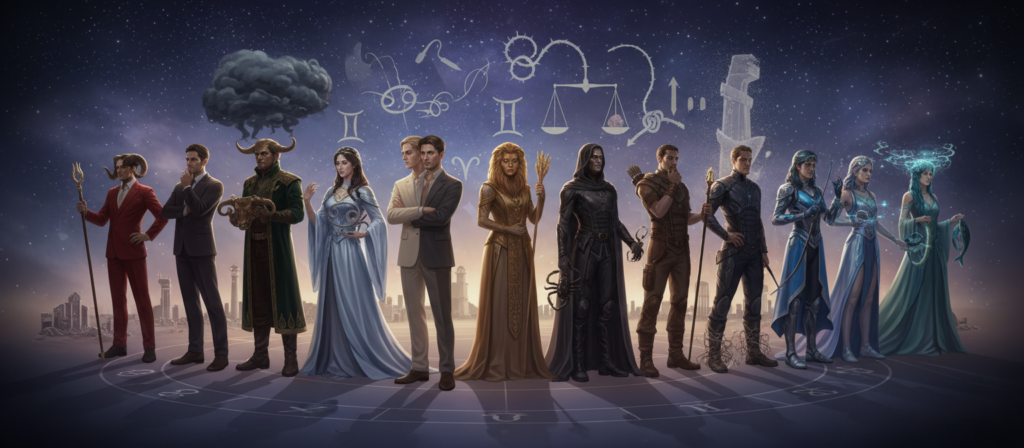 A striking composition featuring the twelve zodiac signs, each represented as a distinct figure in a harmonious and artistic arrangement. In the foreground, each sign stands in a proud yet contemplative pose, dressed in elegant, professional attire that reflects their unique traits—Gemini depicted with dual tones of light and dark, symbolizing their dual nature. The middle layer blends in subtle symbolic elements related to each sign's hidden fears, like shadows or soft clouds hovering near each figure. In the background, a mystical night sky glimmers with stars, casting a soft ethereal glow. The lighting should be moody yet inviting, with a slight vignette effect focusing on the signs. The atmosphere is introspective, aiming to evoke a sense of reflection and depth, inviting viewers to understand the hidden fears of each zodiac sign.