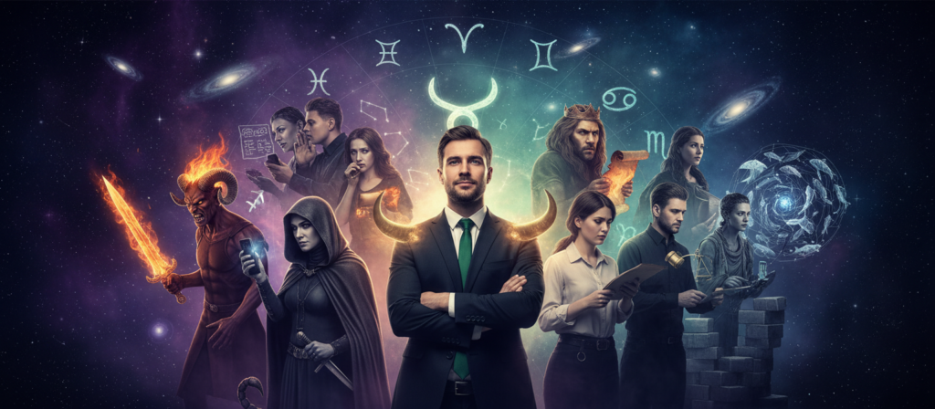 A striking image illustrating the concept of "revenge" in zodiac signs, focusing prominently on Taurus in comparison to other zodiac symbols. In the foreground, a determined Taurus figure, dressed in professional business attire, stands poised with a subtle expression of contemplation. Surrounding them are symbolic representations of the other zodiac signs, each with their unique facial expressions reflecting their respective approaches to revenge, some more aggressive and others more calculating. The middle ground should feature a soft glow of celestial elements representing zodiac constellations, while the background fades into an abstract cosmic landscape with starlight. The lighting is dramatic, emphasizing contrasts and creating a tense but thought-provoking atmosphere. Use a wide-angle lens to capture the entire scene, highlighting the emotional intensity and mystique of astrology.