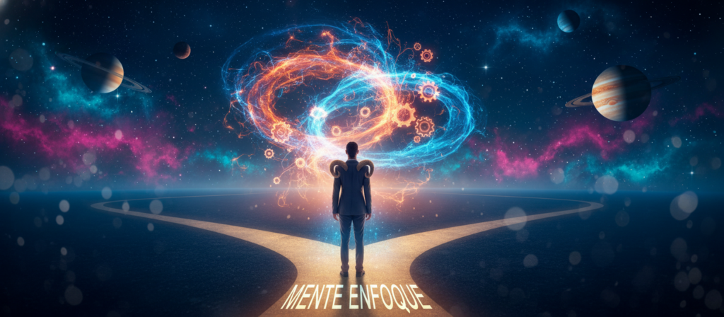 A stunning, ethereal representation of the concept of "mente enfoque," where a person stands at a crossroads, embodying the Aries spirit. In the foreground, a figure in professional attire focuses intently on a glowing path, symbolizing clarity of thought and direction. The middle ground features vibrant, swirling energy patterns that represent thoughts transforming into reality, radiating warmth and positivity. In the background, a cosmic landscape reveals stars and planets, hinting at deeper spiritual connections. Use soft, diffused lighting to create a serene atmosphere, with a slight bokeh effect on the background to emphasize the subject. The overall mood is inspiring and introspective, inviting viewers to consider the power of their minds in shaping destiny.