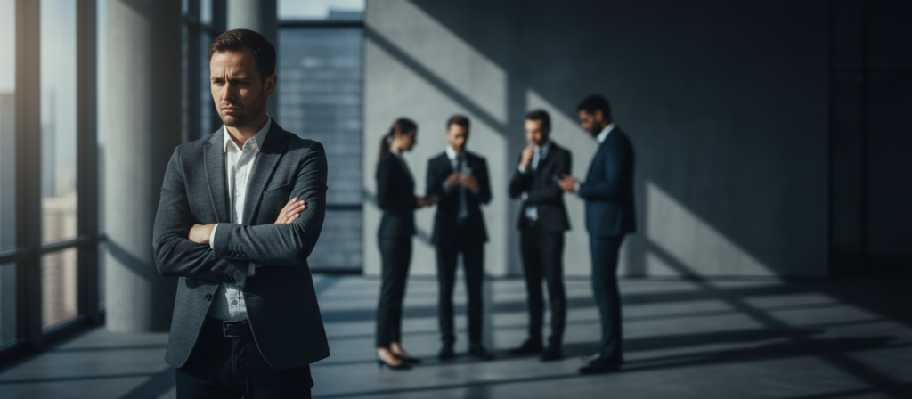 A subtle, introspective scene depicting the concept of "desconfianza" or distrust. In the foreground, a figure in modest business attire stands with arms crossed, their expression reflecting uncertainty and contemplation. The middle ground features a blurred image of a group of people engaged in conversation, their body language suggesting hesitation and doubt, with some individuals looking away or avoiding eye contact. In the background, a dimly lit room with shadows cast from tall office buildings outside, creating a stark contrast between light and dark, enhancing the mood of unease. Soft, natural lighting filters through, emphasizing the figure's contemplative demeanor, while a shallow depth of field focuses attention on the emotions of suspicion and caution in this corporate environment.