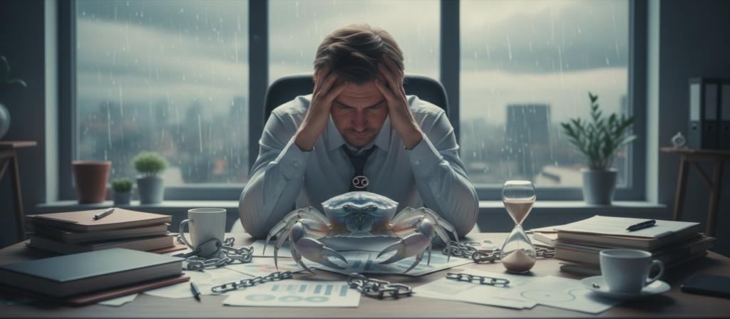 A surreal and introspective representation of "autosabotaje signo," focused on the emotional depth of the Cancer zodiac sign. In the foreground, a person in professional business attire sits at a cluttered desk, looking contemplative, with subtle signs of self-doubt reflected in their expression. In the middle, a large, soft-hued crab—symbolizing Cancer—crawls across the desk, leaving behind scattered papers and broken chains, representing self-sabotage. The background features a calming yet moody atmosphere, with soft, ambient lighting casting gentle shadows. The color palette consists of soothing blues and muted grays, evoking introspection. The camera angle is slightly above the desk, capturing the scene with a warm, inviting focus. The overall mood is one of reflection and understanding, illustrating the struggles of everyday self-sabotage.