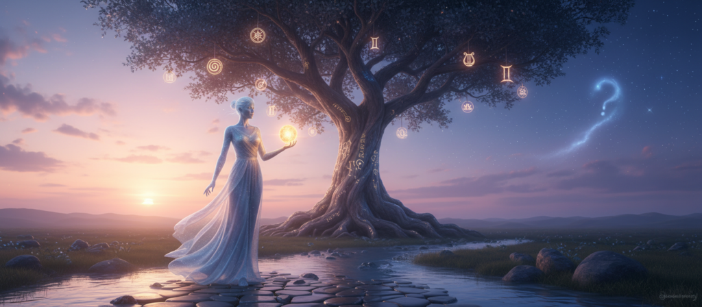 A surreal landscape symbolizing "purpose, consciousness, and truth." In the foreground, a wise, ethereal figure dressed in modest, flowing robes, representing Gemini's duality, stands elegantly. They hold a glowing orb that emits a warm light, symbolizing knowledge and enlightenment. The middle ground features a mystical tree with intertwined branches, each adorned with symbols representing different paths of spiritual learning. In the background, a serene sky transitions from dawn to twilight, illustrating the journey of self-discovery. Soft, radiant light casts gentle shadows, enhancing the tranquil atmosphere. Use a wide-angle lens to capture the expansive scene, evoking a sense of wonder and introspection, inviting viewers to contemplate their own spiritual journeys.