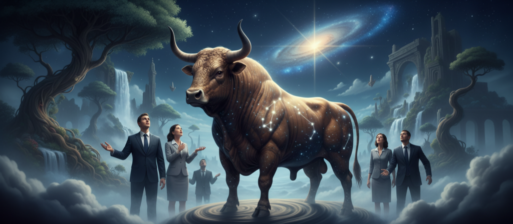 A surreal representation of Taurus traits, blending myth and reality. In the foreground, a powerful Taurus bull, symbolizing strength and loyalty, stands majestically amidst ethereal clouds, surrounded by shimmering constellations. In the middle ground, human figures in professional attire observe the bull, expressing fascination and curiosity, their expressions highlighting the duality of loyalty and betrayal. In the background, a mystical landscape unfolds with a starry night sky, adding depth and intrigue. Soft, ambient lighting highlights the bull's features, casting gentle shadows and creating a dreamy atmosphere. The mood is contemplative, inviting viewers to explore the deeper aspects of Taurus loyalty, juxtaposed with mythological elements, without any text or distractions.