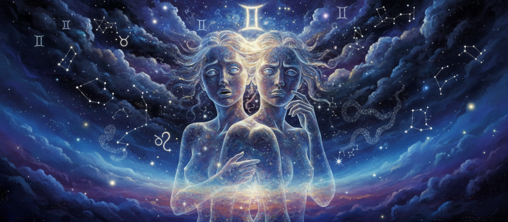 A surreal representation of the Gemini sign, symbolizing a restless mind and complex emotions. In the foreground, two stylized, ethereal figures merge and interact, embodying the duality of Gemini—expressive faces caught in contemplation. Their expressions reflect curiosity, confusion, and introspection. The middle ground features a swirling, abstract landscape of dark clouds and bright stars, evoking a tumultuous mental state, while hints of zodiac elements weave through, enhancing the mystical aspect. The background fades into deep blue and purple hues, with soft, diffused lighting that creates an atmospheric glow, conveying a sense of enigmatic allure. The overall mood is one of tension and introspection, illustrating the emotional depth of Gemini.