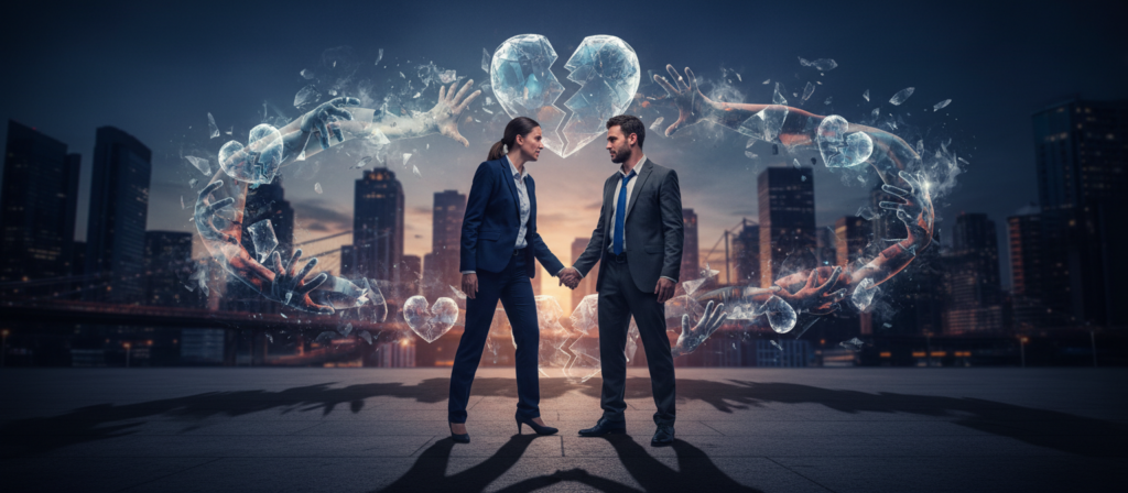A surreal scene depicting the tension of addictive reconciliations in relationships, focusing on a couple in an emotional standoff. In the foreground, the couple is shown facing each other, each person wearing professional business attire, with expressions reflecting vulnerability and conflict. The middle ground features fragmented images of cycles—broken hearts and hands reaching out—symbolizing the push and pull of toxic dynamics. The background is a blurred, abstract cityscape at dusk, with soft, moody lighting casting elongated shadows, enhancing the feeling of isolation despite proximity. Use a wide angle to capture the depth of the scene, evoking a melancholic yet hopeful atmosphere, suggesting the complexity of breaking free from toxic relationships.