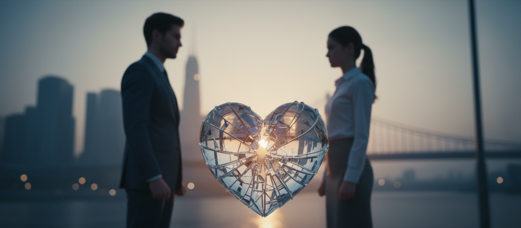 A symbolic representation of loyalty and betrayal, focusing on the emotional conflict associated with infidelity. In the foreground, a close-up of a broken heart made of glass, reflecting light in an array of colors. In the middle ground, a pair of business-appropriate individuals exchange glances, their body language suggesting tension and unspoken feelings, dressed in smart attire that conveys professionalism. In the background, a blurred urban setting with soft evening light creating a moody atmosphere, evoking feelings of uncertainty and longing. The overall composition should convey a sense of emotional complexity and introspection, using soft focus and warm, natural lighting to enhance the dramatic effect.