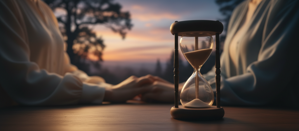 A symbolic representation of "memoria" featuring a delicate balance of light and shadow. In the foreground, a softly illuminated hourglass sits atop a polished wooden table, its glass edges reflecting warm tones. The middle ground reveals a blurred image of entwined hands, symbolizing love and attachment, draped in modest, flowing fabrics, signifying sensitivity. In the background, a faint, dreamy landscape appears—soft silhouettes of trees and a dusky sky make up a serene, contemplative atmosphere. The lighting is soft and diffused, creating a gentle glow that enhances the emotional weight of the scene. Shot with a shallow depth of field, the focus elegantly emphasizes the hourglass, conveying the passage of time and the accumulation of nostalgic memories. The overall mood is introspective and poignant, inviting viewers to reflect on the deeper connections within relationships.