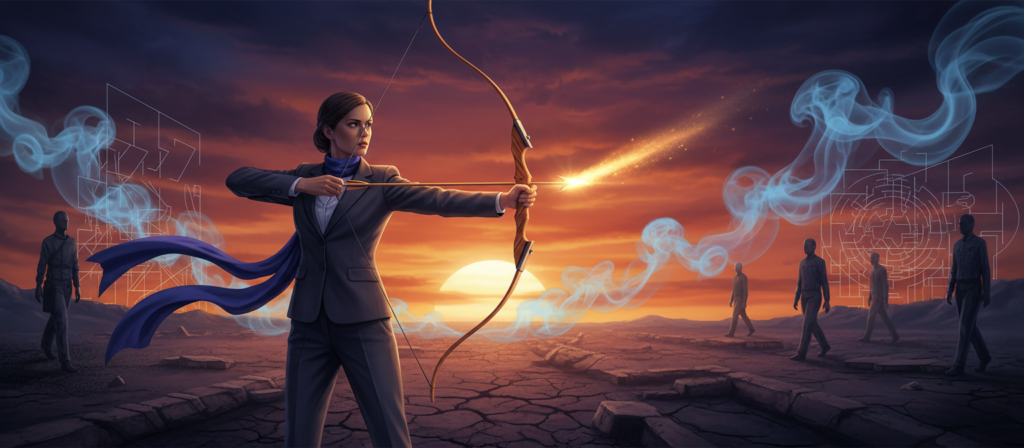 A symbolic representation of "revenge" inspired by the astrological sign of Sagittarius. In the foreground, a poised individual dressed in professional attire, confidently holding a bow and arrow, symbolizing focused intent rather than malice. In the middle ground, a surreal landscape featuring a fiery sunset that reflects the intensity of emotions, with wisps of smoke swirling around to convey a sense of unresolved tension. The background displays abstract, shadowy figures wandering, representing the complexities of interpersonal relationships. The mood should be dramatic yet contemplative, with soft beams of light illuminating the bow, creating a sense of clarity amidst chaos. Overall, the image should combine elements of empowerment and introspection, avoiding dark themes.