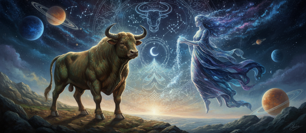 A symbolic representation of the complex connection between Taurus and Aquarius. In the foreground, a sturdy Taurus bull stands firmly, exuding stability and confidence, with earthy tones highlighting its muscular form. Beside it, an ethereal Aquarius figure, draped in flowing, starry robes that shimmer with blues and purples, represents creativity and freedom. In the middle ground, an intricate cosmic backdrop blends constellations symbolizing both zodiac signs, intertwined with celestial elements like a night sky and distant planets. The lighting casts a gentle glow, enhancing the dreamlike quality of the scene while maintaining a sense of depth. The overall mood is mystical yet introspective, illustrating both attraction and potential conflict. The angle captures the tension between the grounded bull and the fluid water-bearer, conveying complexity without overt conflict.