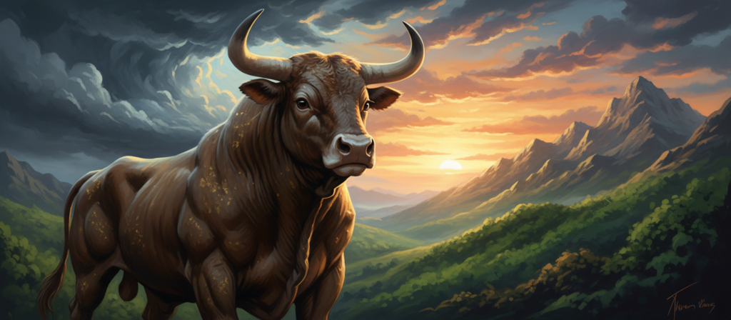 A symbolic representation of the future evolution of Taurus' resentment, showcasing a powerful bull in the foreground, its intense eyes reflecting contemplation and strength. The middle ground features wisps of stormy clouds blending into a serene sunset, symbolizing the conflict between anger and tranquility. In the background, lush green hills transition to a rocky mountain range, representing growth and resilience. The lighting is dramatic, with rays of golden sunlight piercing through the clouds, creating an uplifting atmosphere. The mood conveys a mixture of tension and hope, encapsulating the emotional journey of moving past grudges. The scene is rendered in a vibrant color palette, emphasizing deep greens and warm oranges, evoking a sense of transformation and potential.