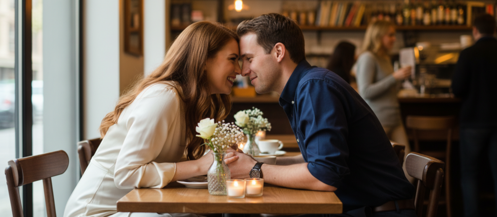 A tender moment between a couple, deeply connected and engaged in a heartfelt conversation. The foreground features a woman with long, flowing hair in a soft, elegant dress and a man in a smart casual shirt, both smiling and leaning towards each other. Their eyes convey warmth and affection. In the middle ground, a cozy café setting with softly glowing candles and a small flower vase adds to the intimacy. The background shows blurred silhouettes of other patrons, conveying a sense of atmosphere without distraction. Soft, natural lighting enhances the mood, creating a serene and inviting environment, ideal for fostering connection. The angle captures them from a slight side view for depth, emphasizing their closeness and shared moment.